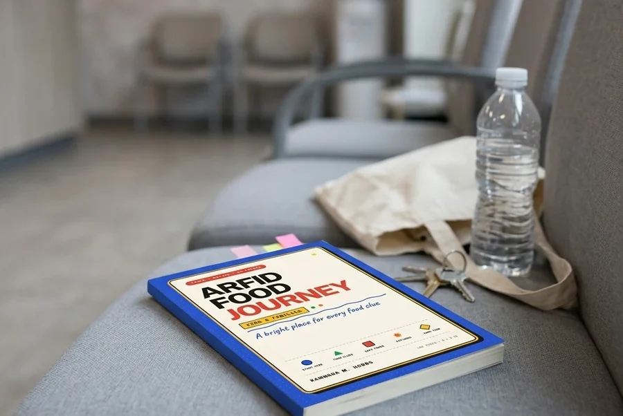 ARFID Food Journey journal resting on a waiting-room chair beside a bag and water bottle